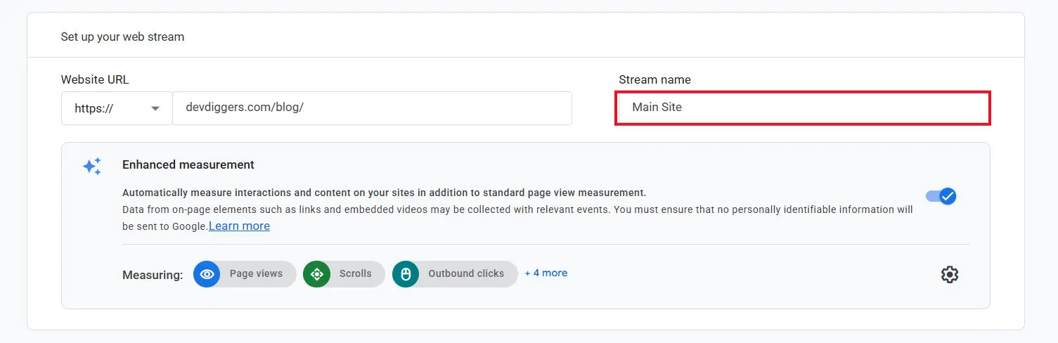 Stream name field for a GA4 web data stream