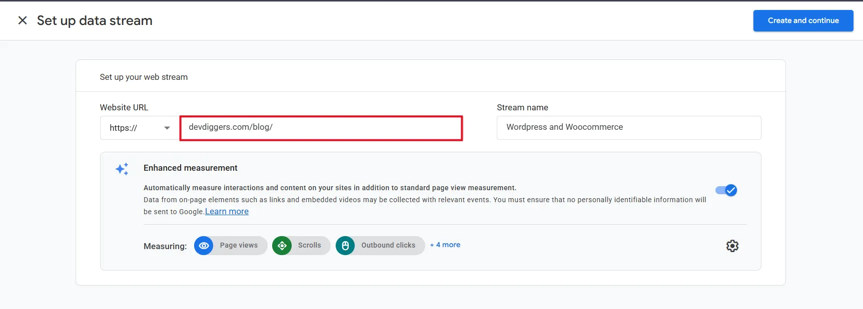 Website URL field for a GA4 web data stream