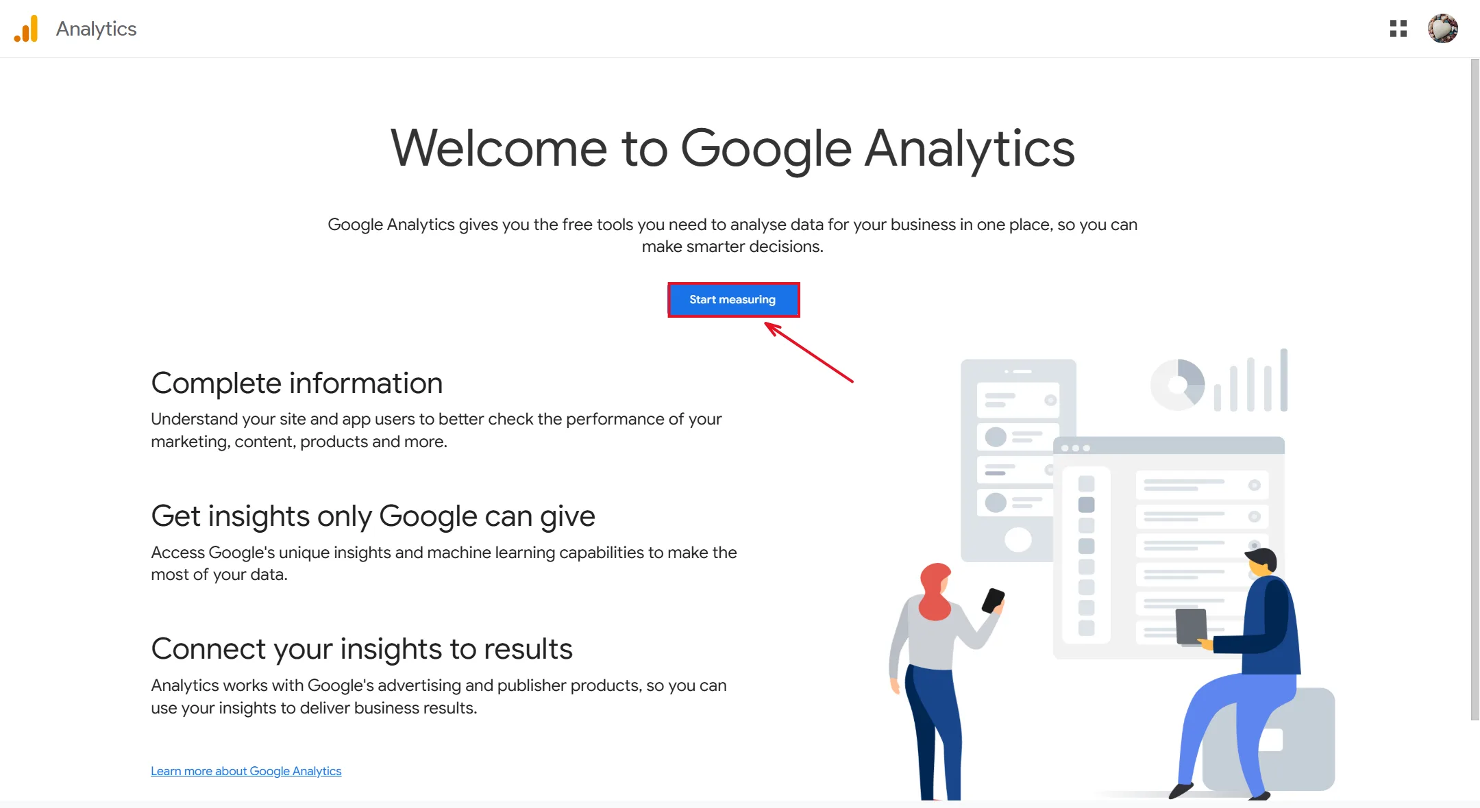 Start measuring button on the Google Analytics welcome screen