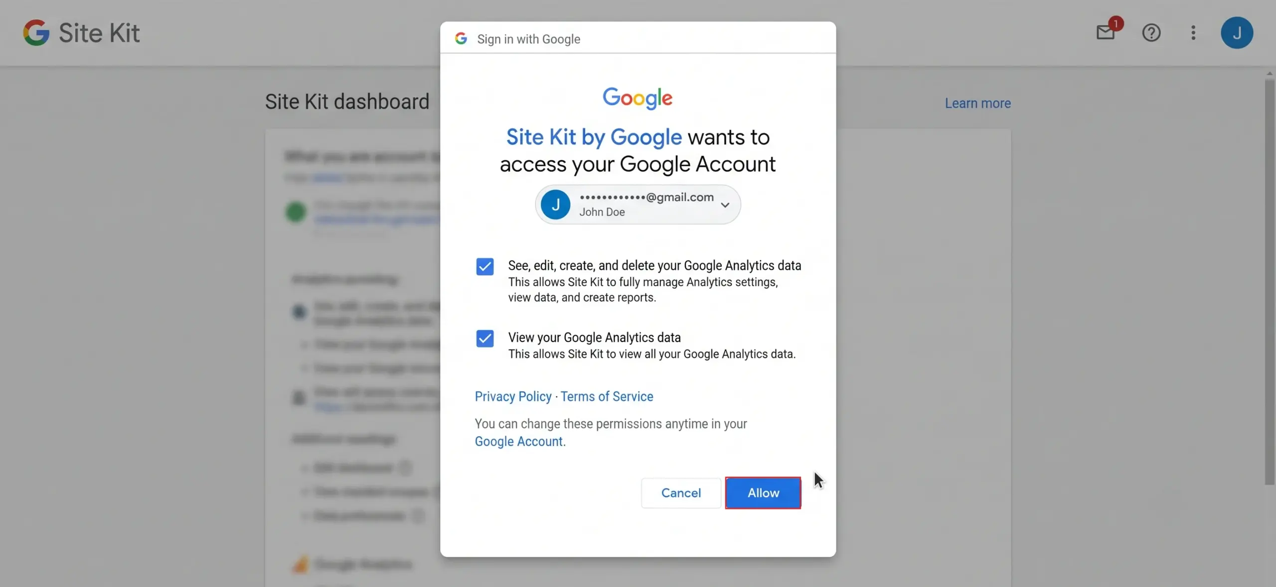 Google permissions dialog for Site Kit