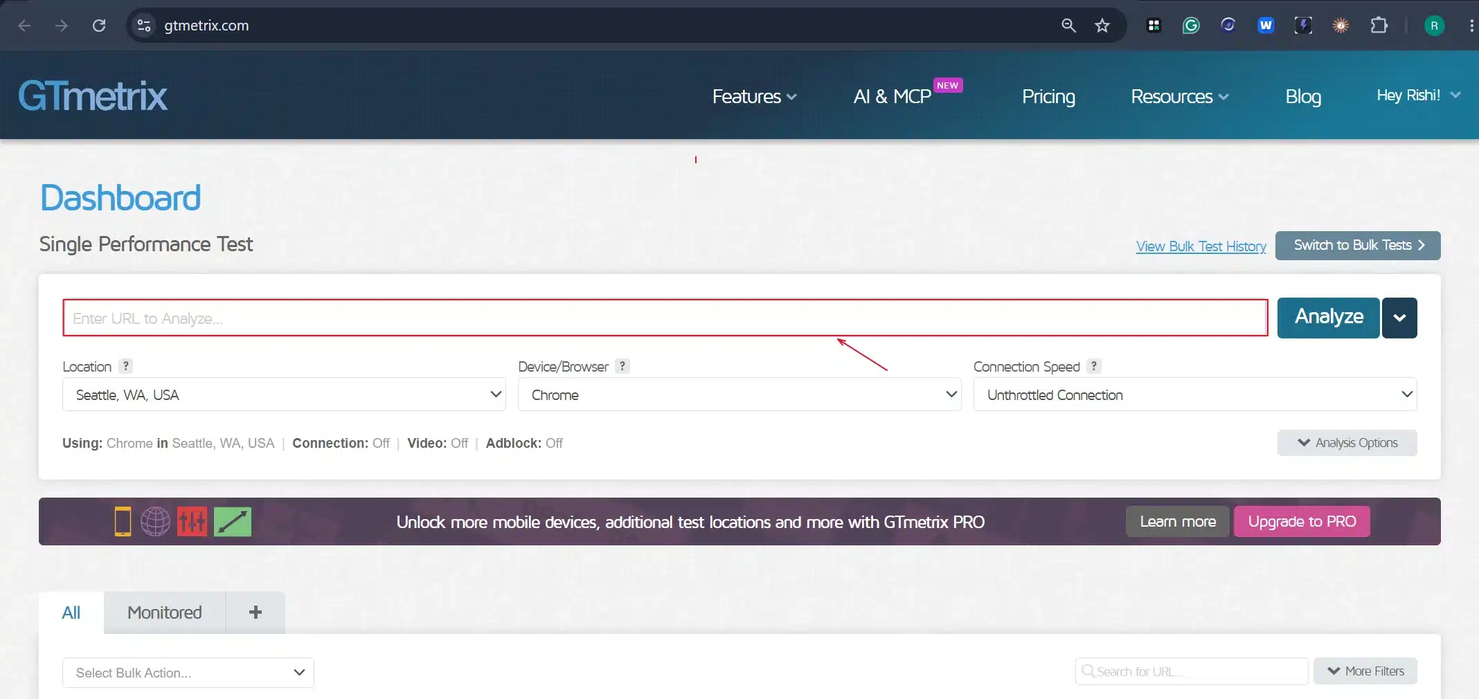 Open GTmetrix in a new browser tab and paste in your site's URL→ Analyze.