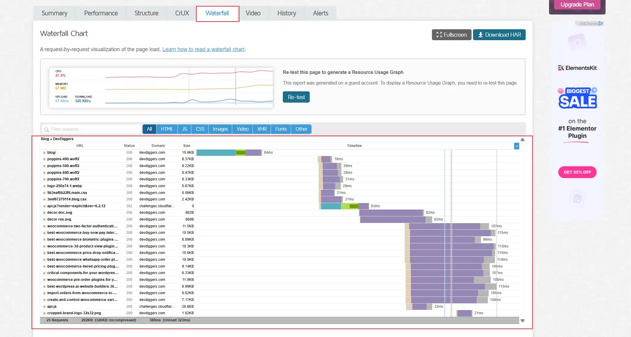 Click over to the Waterfall tab to see every single request listed out, one row per file.