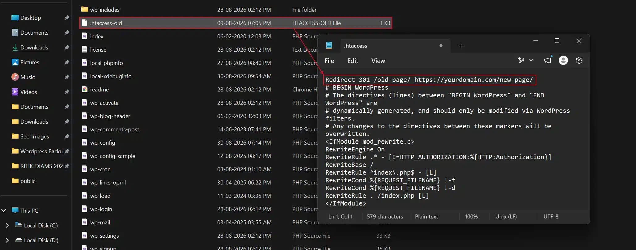 Add a line like Redirect 301 /old-page/ https://yourdomain.com/new-page/ above the WordPress block, then save the file.