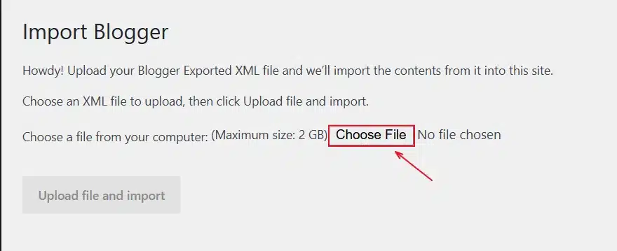 Upload the XML file you just downloaded. WordPress will ask you to assign an author to the imported posts. Pick an existing user or create a new one.