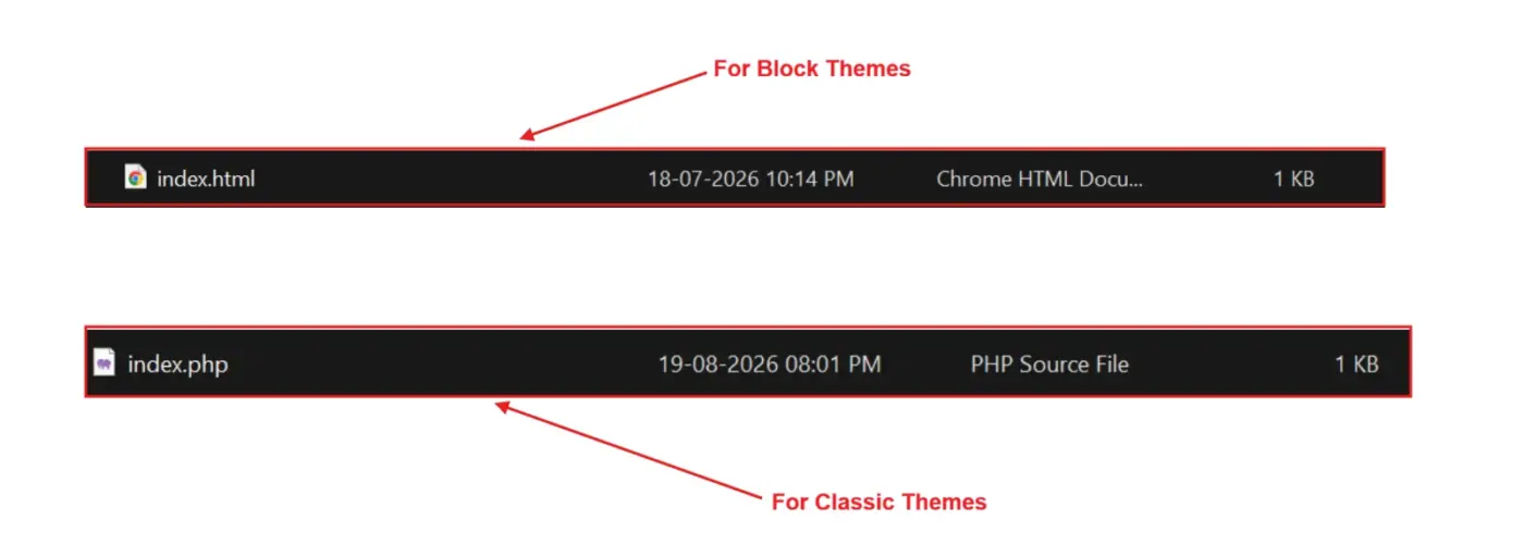 index.php for classic themes vs index.html for block themes