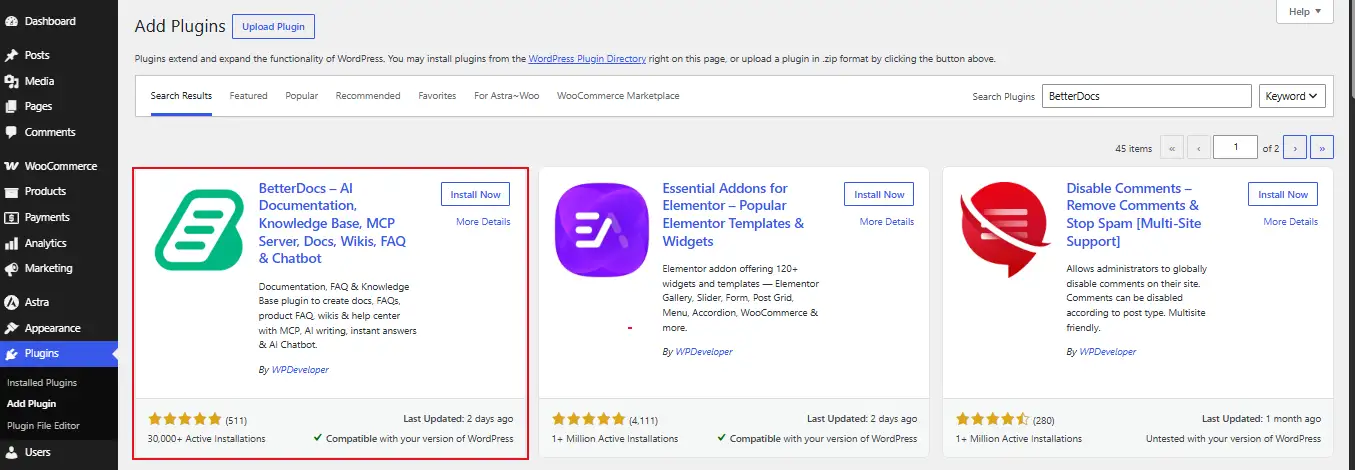 Install and activate the BetterDocs or Heroic KB plugin from the WordPress Plugins Directory.