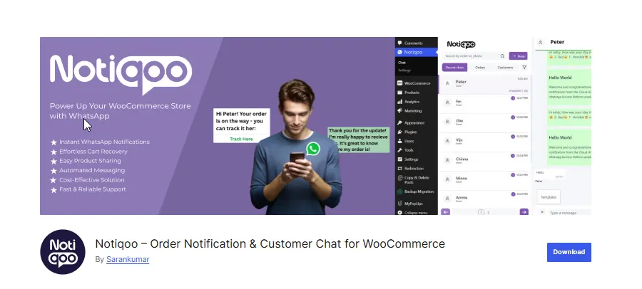 Notiqoo plugin page on WordPress.org showing WhatsApp order notifications for WooCommerce