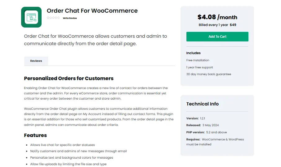 Order Chat for WooCommerce product page showing a yearly price and what the plan includes
