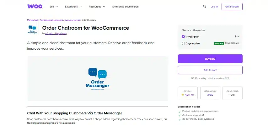 Order Chatroom for WooCommerce listing with its plans and rating on the WooCommerce Marketplace