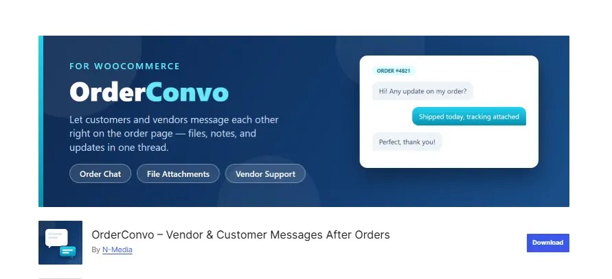 OrderConvo plugin page on WordPress.org showing customers and vendors messaging on an order