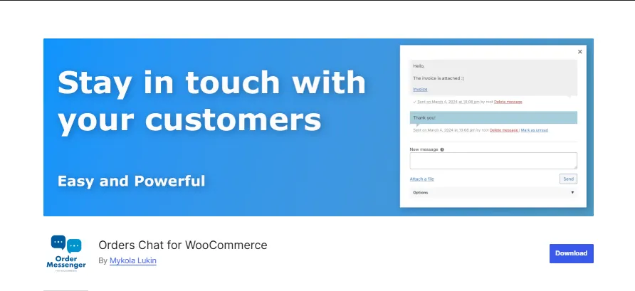 Orders Chat for WooCommerce plugin page on WordPress.org showing a private chatroom on every order