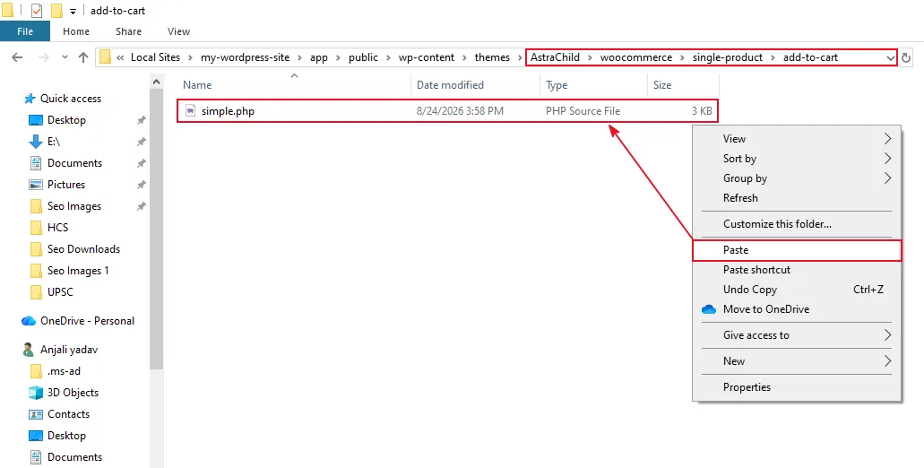 Copy it into your child theme, keeping the same folder path: yourtheme-child/woocommerce/single-product/add-to-cart/simple.php.