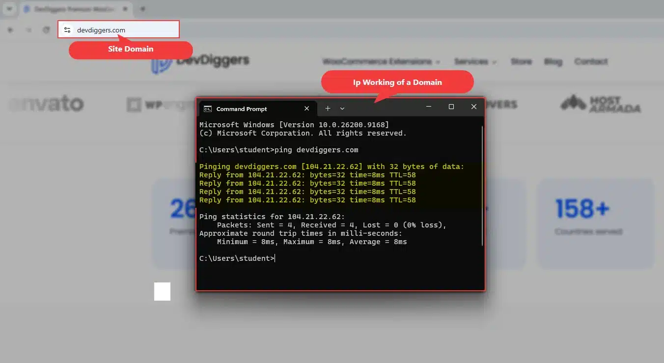 ping result for a WordPress site behind Cloudflare showing the proxy IP address