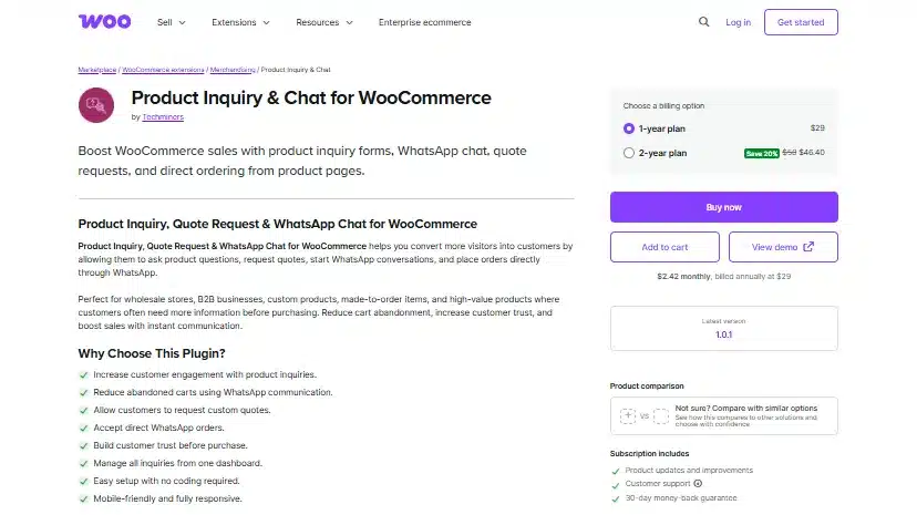 Product Inquiry and Chat for WooCommerce listing with its plan and description on the WooCommerce Marketplace