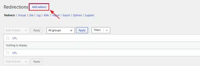 Click the Add Redirection button to create a new redirection.