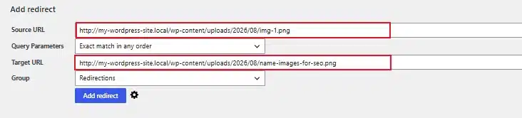 Enter the old image name in the Source URL Section and the new seo named image in the Target URL Section.