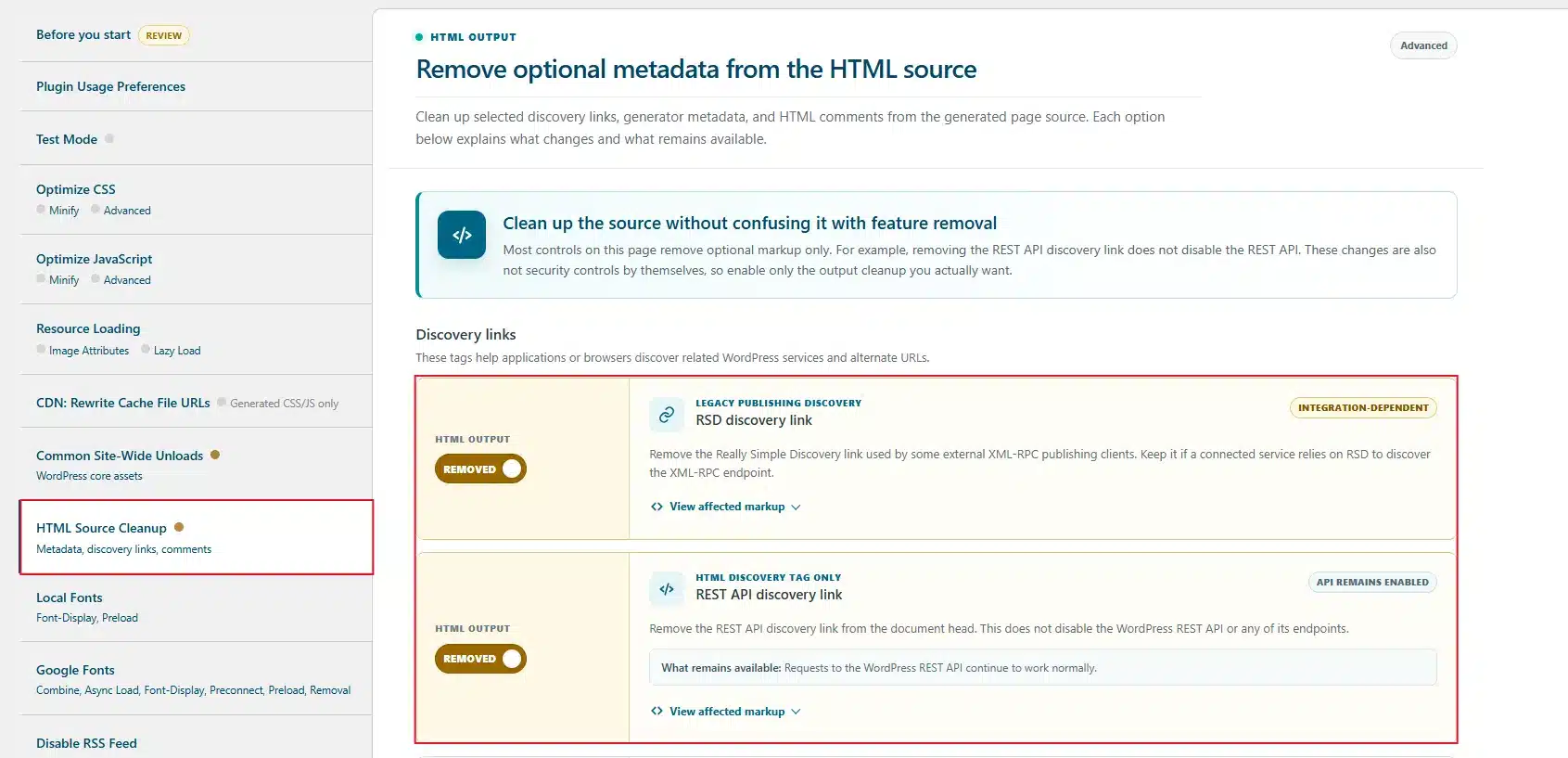 Now, go to the HTML Resource Cleanup tab, remove the REST API discovery link and the RSD (Really Simple Discovery) link from your page header.