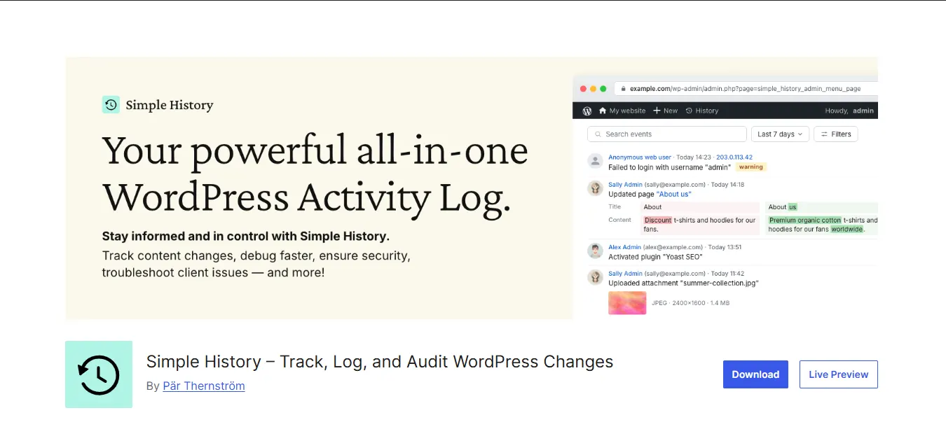  Simple History: Lightweight Activity Logging