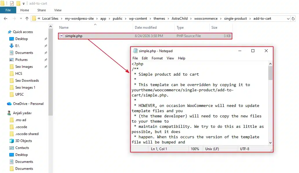 Open the copied file and edit the HTML around the button.