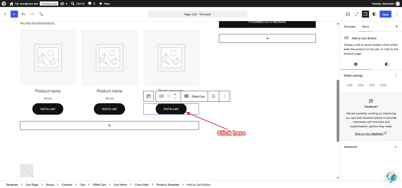 Click directly on the Add to Cart block.