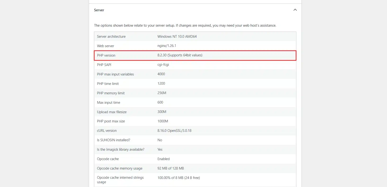 Click the Info → Server tab to check your current PHP version.