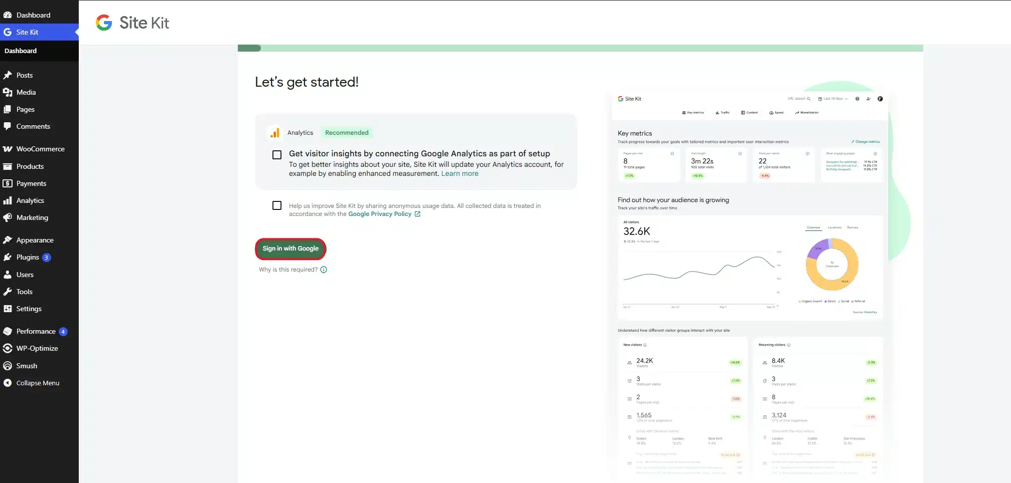 Site Kit sign in with Google button