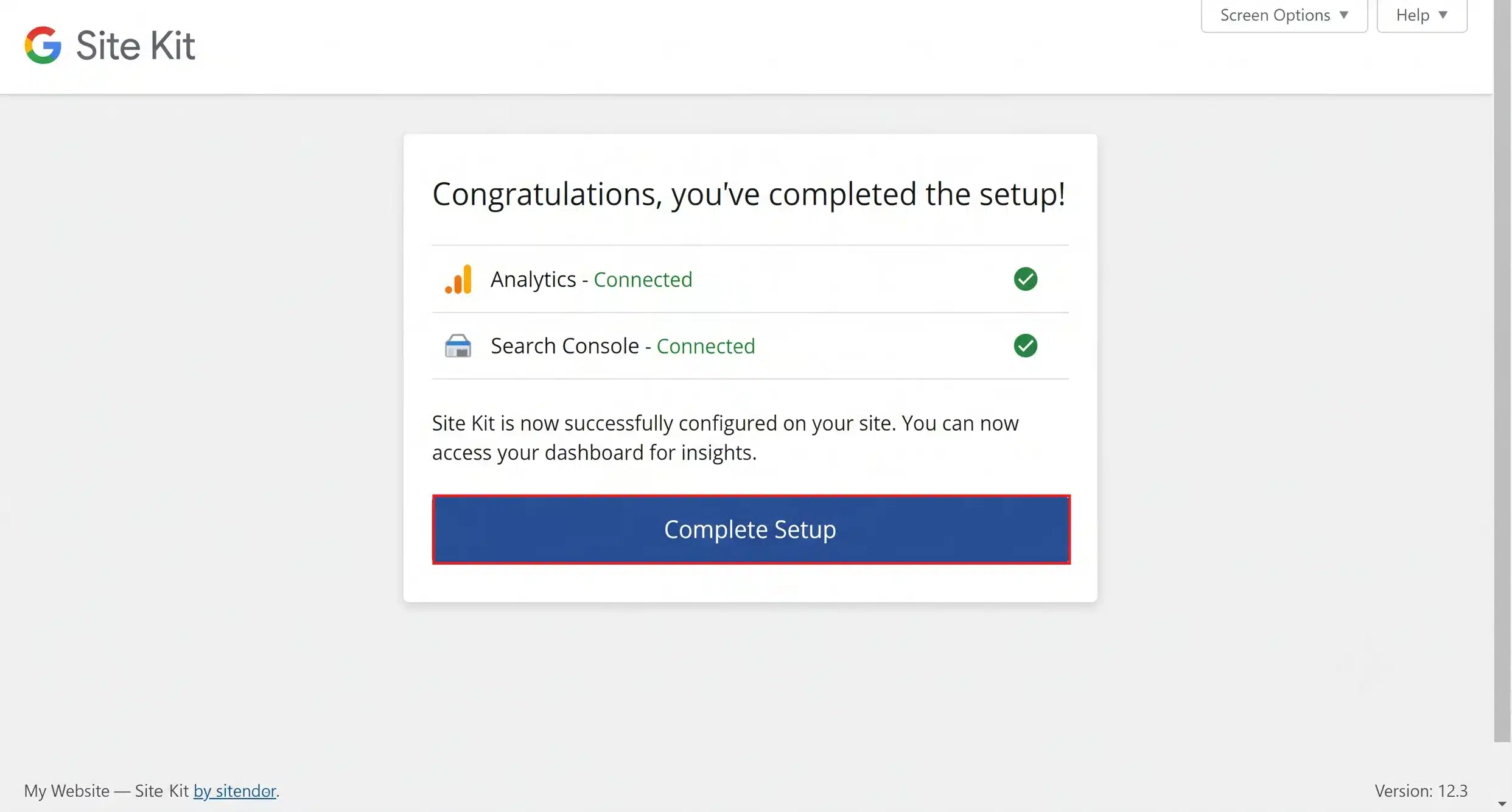 Complete Setup button in Site Kit