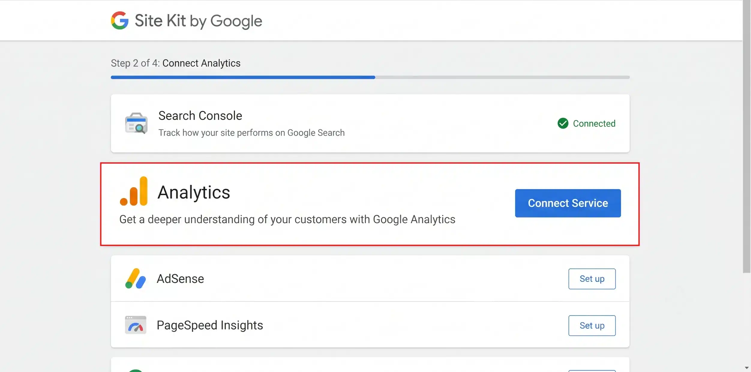 Connect Service button for Analytics in Site Kit