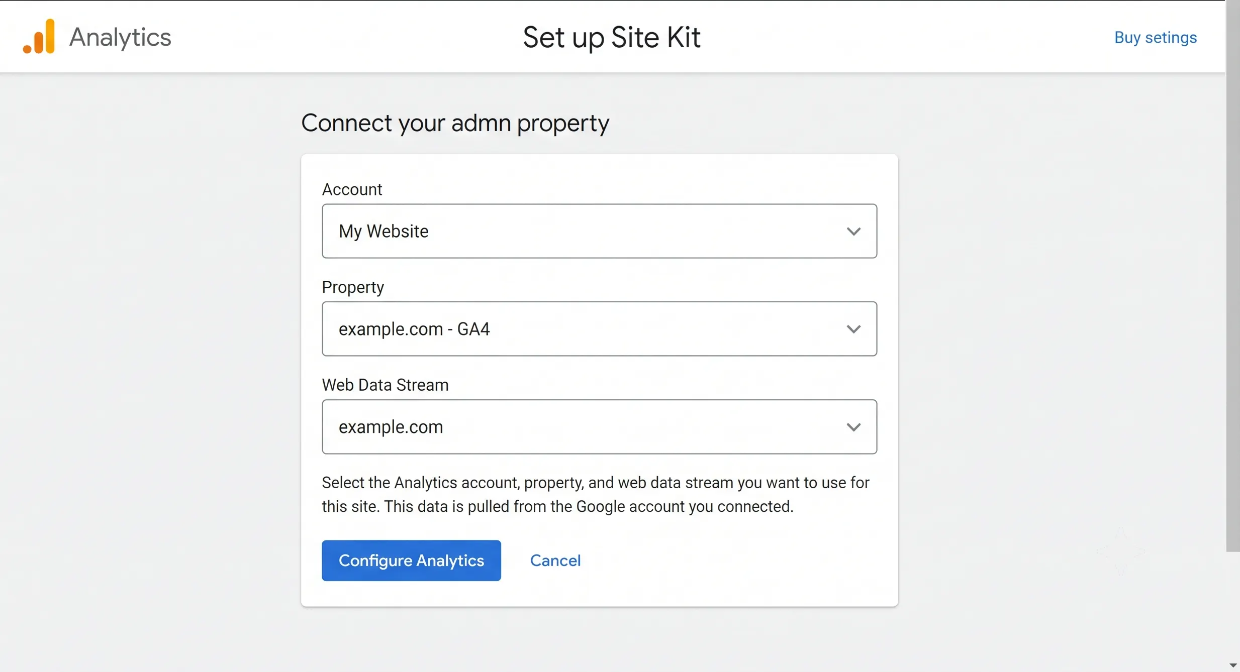 Account, property and web data stream menus in Site Kit