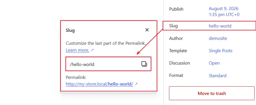 Click Slug next to the Post Status field below the title, then type in the new slug.