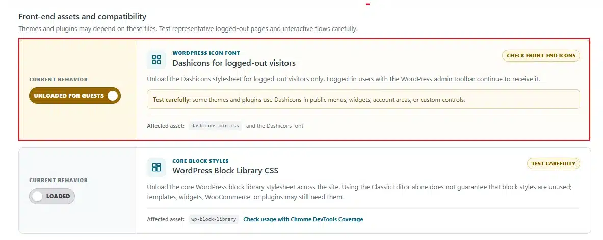 Disable Dashicons for logged-out visitors. That icon font only needs to load for people signed into your dashboard, not for regular readers.