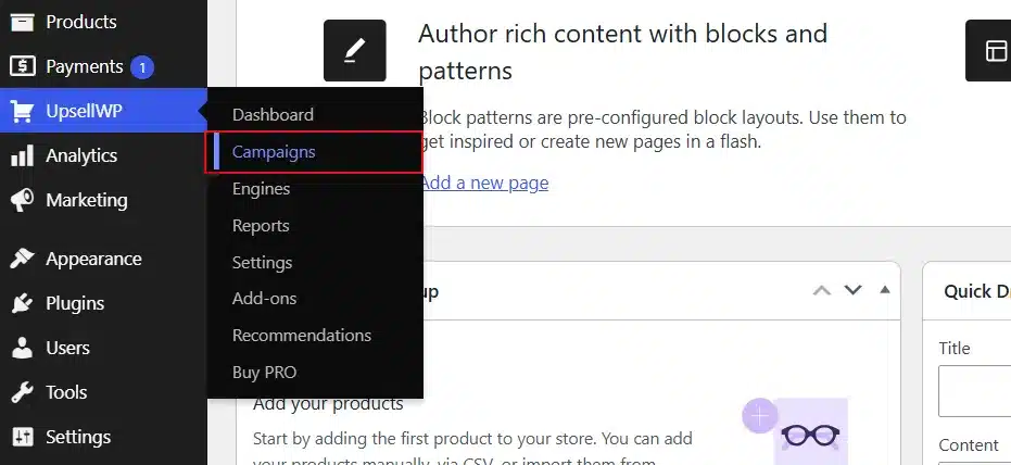 Once installed, go to UpsellWP → Campaigns.
