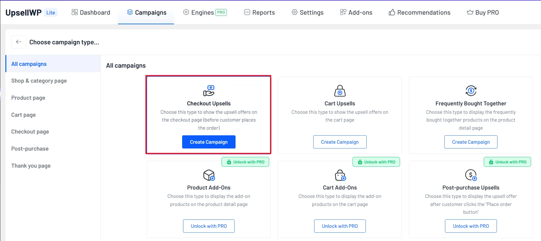 Then choose Checkout Upsell as the campaign type.