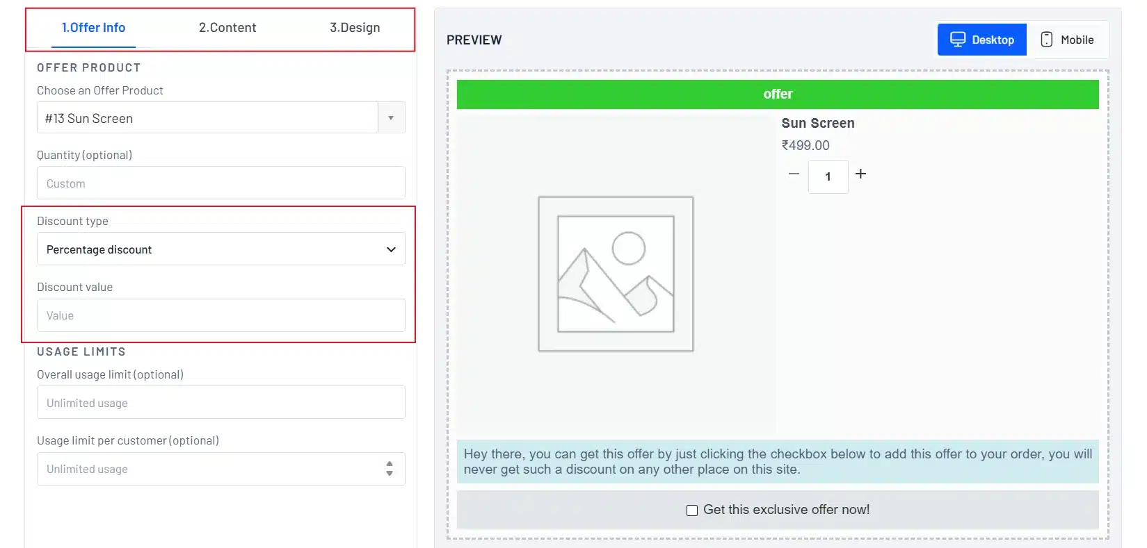 Customize the display text, discount, and styling for the offer, and set any purchase conditions if you only want the bump to show for specific products or cart totals.