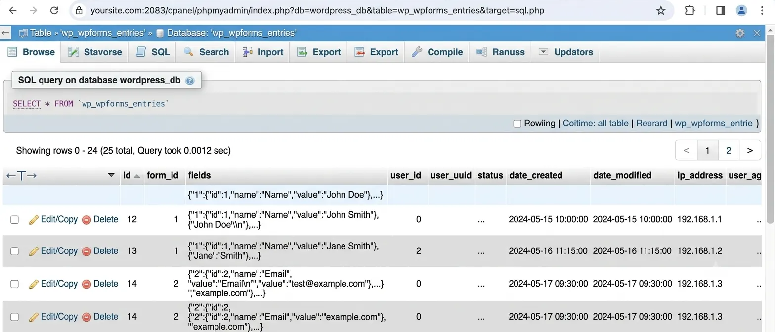 Click Browse to view raw entry rows. This shows fields exactly as they were saved, which is useful when a plugin's dashboard is glitching, or a field seems to be missing.