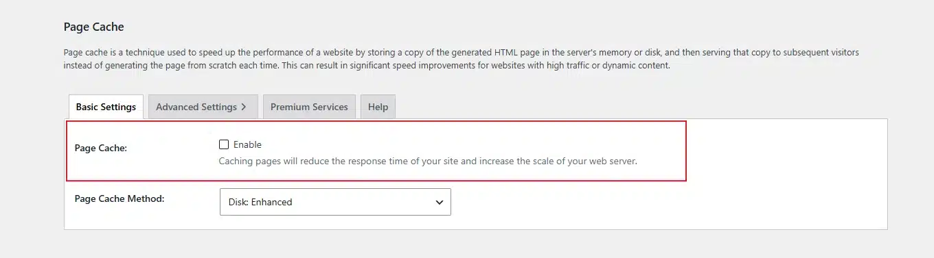 Enable Page Cache and Browser Cache from the main settings tab

