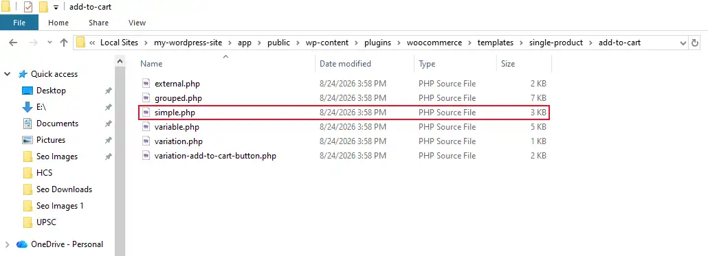Find the file at woocommerce/templates/single-product/add-to-cart/simple.php.