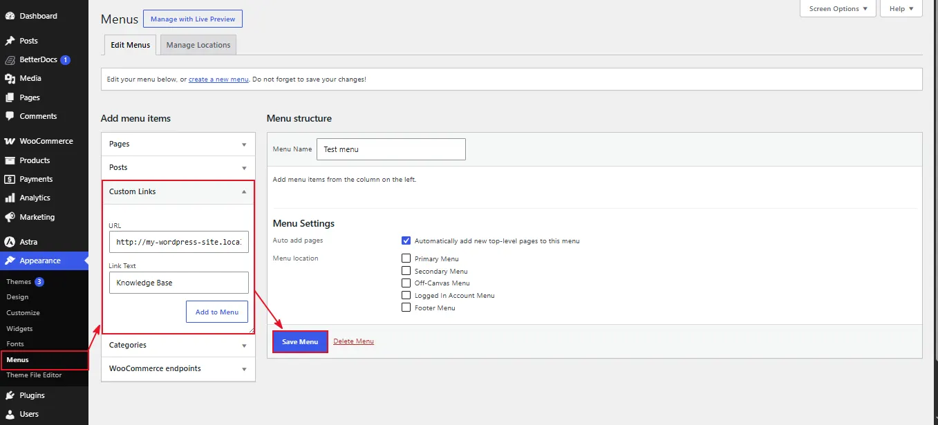 Add the knowledge base to your menu by going to Appearance → Menus → Custom Links → Paste URL so visitors can find it.