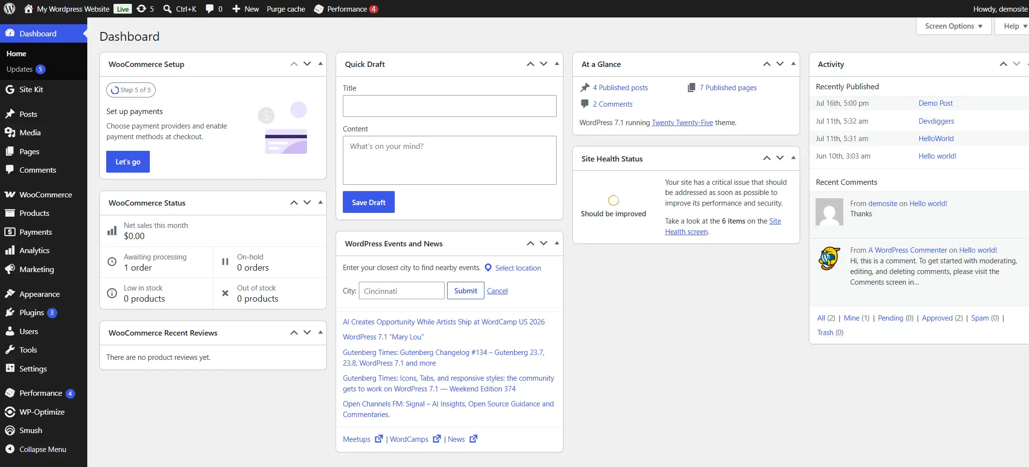 WooCommerce installed and active on a working WordPress site