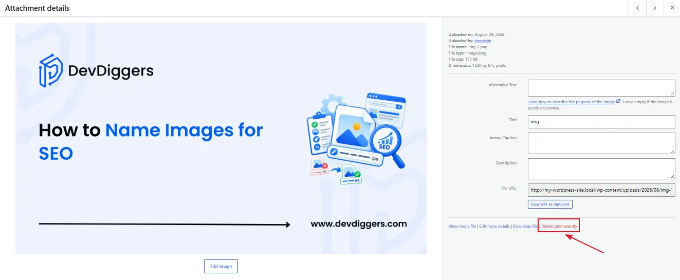 At last, go to Media Library → Old image → Delete Permanently to delete the old attachment.