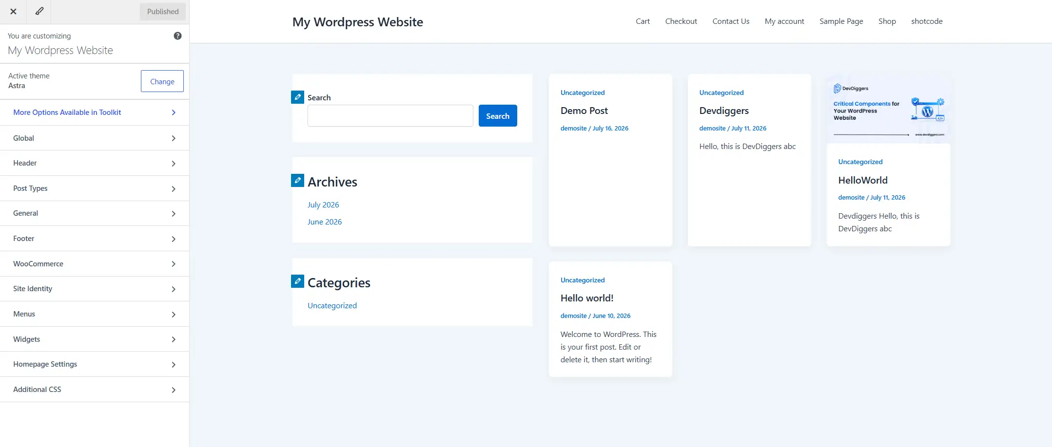 This opens the WordPress Customizer, a live preview tool that shows changes on the right side of your screen as you make them.