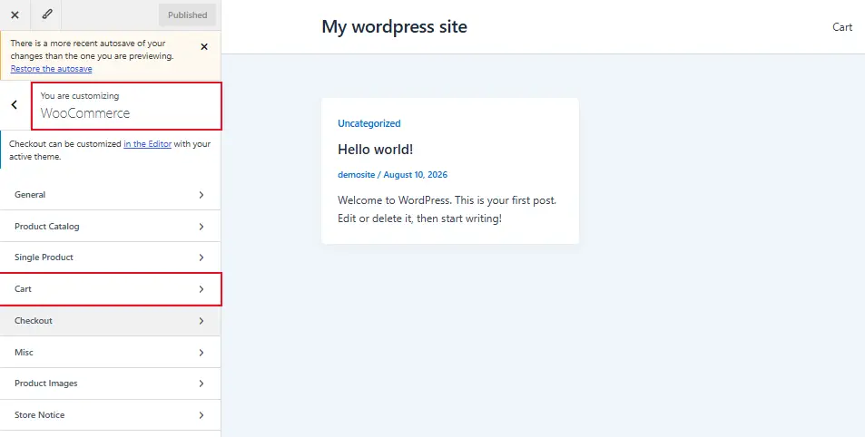 Inside Customize Tab, WooCommerce → Cart.