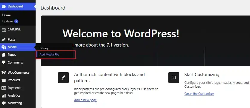 Go to Media → Add Media File in your WordPress dashboard.