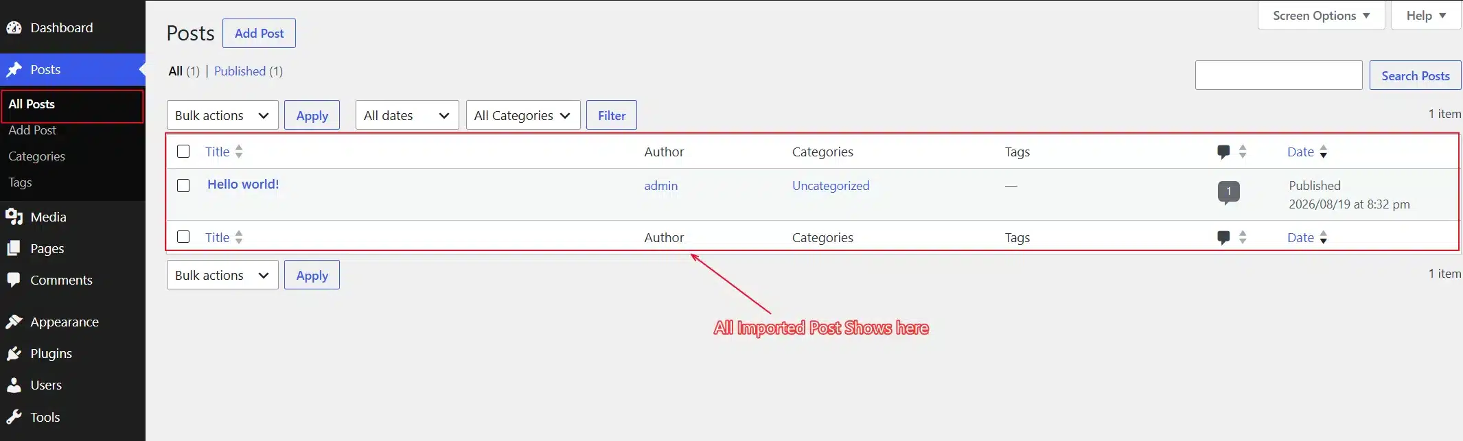 Click Submit and wait. Larger files take a few minutes. Once it's done, check Posts » All Posts to confirm everything came through.