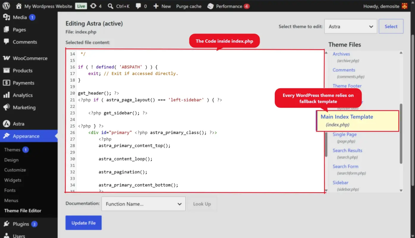 WordPress index.php open in the theme file editor