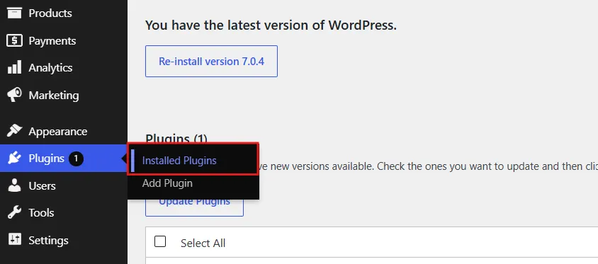 Go to Plugins → Installed Plugins in your dashboard.