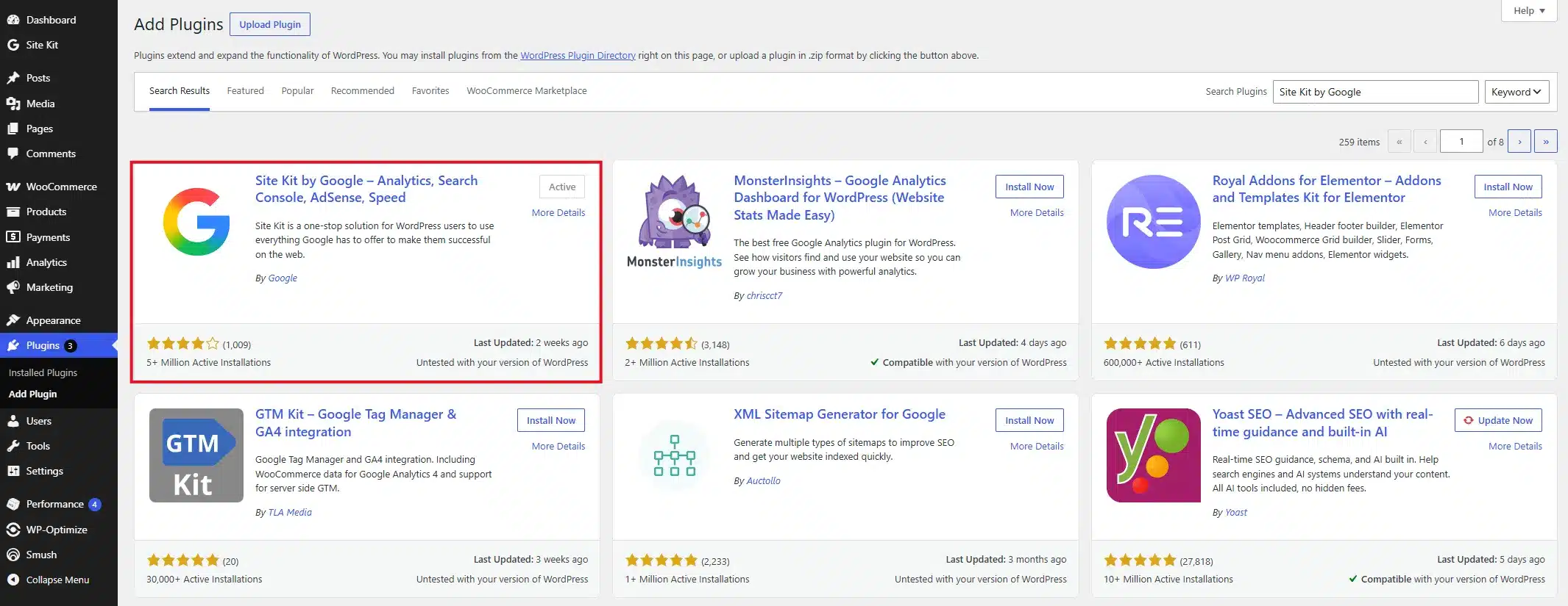 Site Kit by Google in the WordPress plugin search results