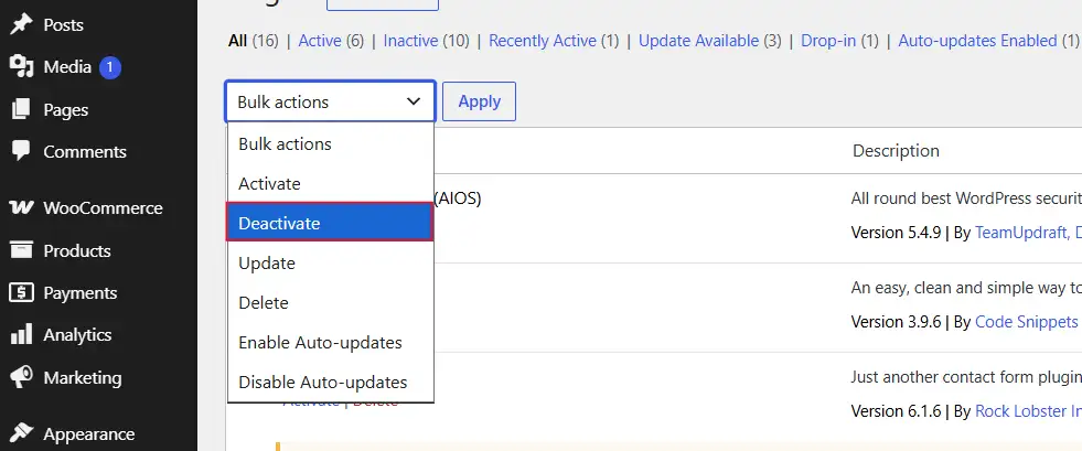 From the Bulk Actions dropdown, choose Deactivate, then click Apply.