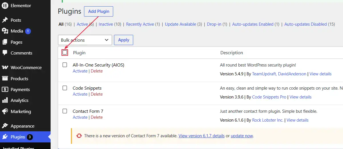 Select the checkbox at the top to select all plugins.