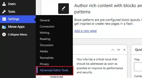 Go to Settings → Advanced Editor Tools in the left sidebar.